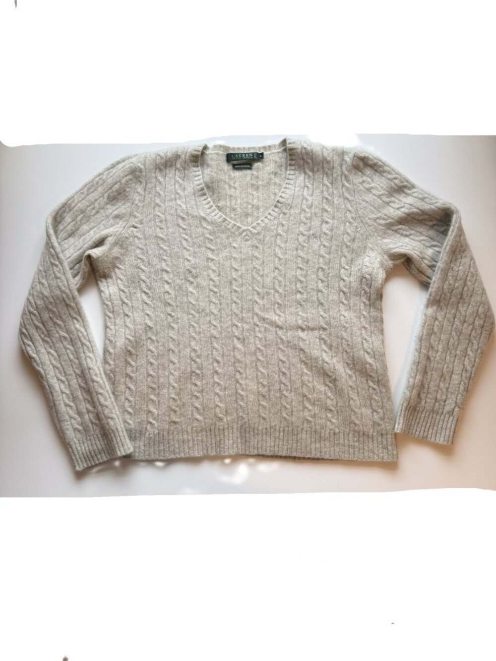 Lauren Ralph Lauren 100% Cashmere Light Gray Cable Knit Sweater sz XL